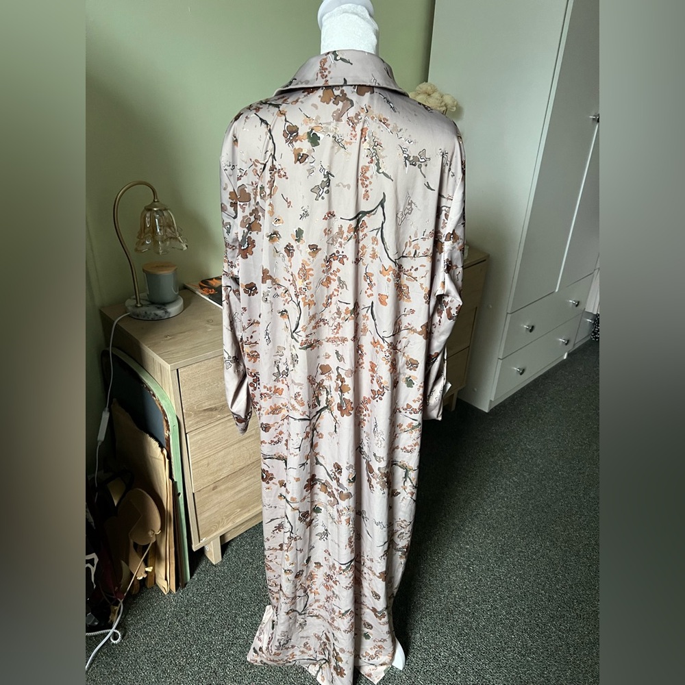 Autumnal Print Modest Maxi Button Down Relaxed Fit Long-Sleeve Satin Dress Sz XL - Picture 7 of 16
